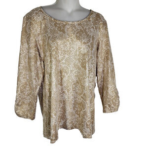 Chicos Zenergy Womens Top 2 Large Gold Floral Retreat Foil Dot Print 3/4 Sleeve
